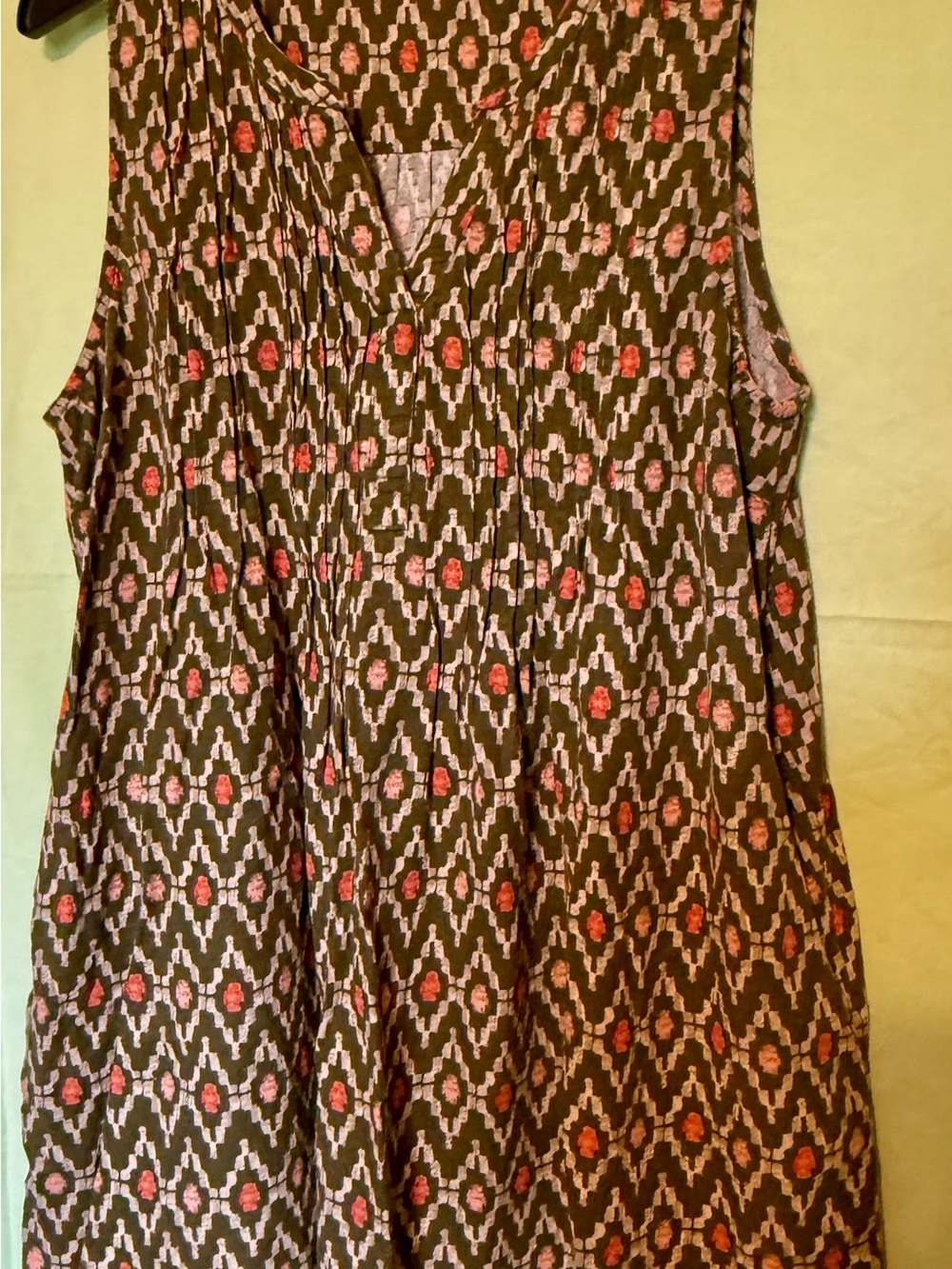 Sonoma Olive Green Sleeveless Printed Dress with Coral Accents